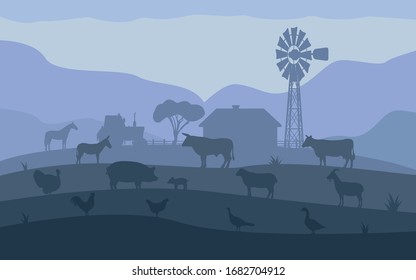 Farm animals. Livestock on the background of the village, rural settlement. Vector illustration of farm animals silhouette in the dark. Landscape evening village ranch with livestock.