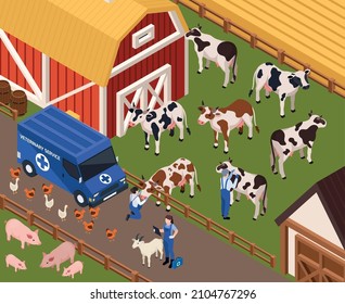 Farm animals livestock veterinary isometric composition with barn buildings and van with vet characters curing animals vector illustration