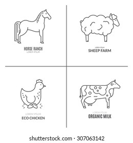 Farm animals logo collection. Great linear emblem for farming business. Modern business identity for bio products and agricultural industry.