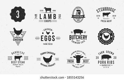 Farm Animals Logo Set. Lamb, Beef, Chicken, Pork Logo Templates. Livestock, Farm Vintage Emblems. Trendy Hipster Style. Vector Illustration