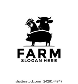 Farm animals logo. Vector illustration with cow, pig, and chicken, Livestock farm animals logo template