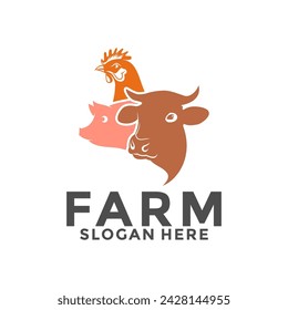 Farm animals logo. Vector illustration with cow, pig, and chicken, Livestock farm animals logo template