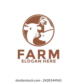 Farm animals logo. Vector illustration with cow, pig, and chicken, Livestock farm animals logo template