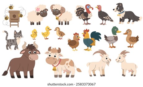 Farm animals male and female set. Cartoon children's families of village cattle and birds. Cow and bull, ram and sheep, chicken and rooster and other families of animals on the farm.