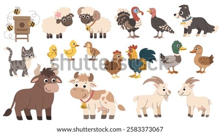 Farm animals male and female set. Cartoon children's families of village cattle and birds. Cow and bull, ram and sheep, chicken and rooster and other families of animals on the farm.