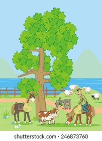 farm animals and man o horse, vector icon