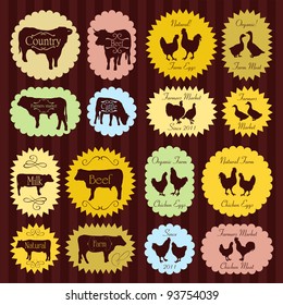 Farm animals market egg and meat labels food illustration collection background vector