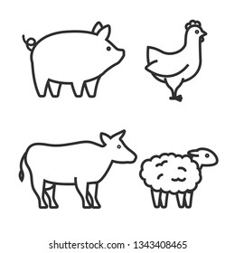 Farm animals, meat varieties linear flat design icons