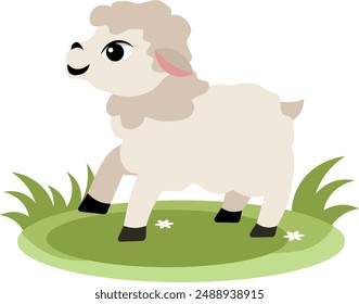 Farm Animals. A mischievous lamb jumps on green grass on a white background. Baby flat vector illustration.