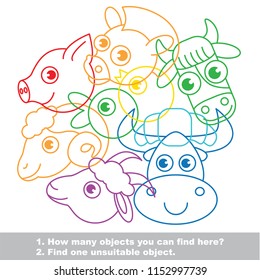 Farm animals mix game elements set, collection of coloring book template, the group of outline digital elements vector illustration, kid educational game page.