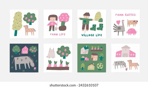 Farm animals, objects compositions set. Cute hand drawn doodle sweet horse, turkey, donkey, girl farmer, rabbit, scarecrow, pig, trees. Card, postcard, t shirt print, cover, poster with funny animal f