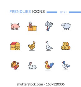 Farm animals and objects - line design style icons set with color filling. Images of a pig, sheep, hen, goose, rabbit, turkey, rooster, duck. Haystacks, bread with spikelet, barn, spade and pitchfork