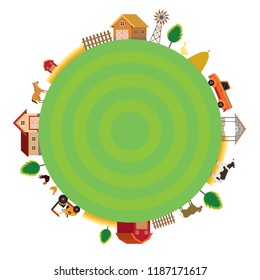 Farm with Animals and Objects Round Frame, Agriculture, Cultivate, Countryside, Field, Rural