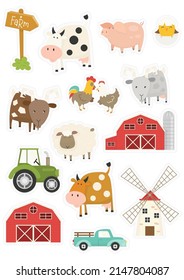 Farm Animals and objects set. Cartoon stickers isolated on white background. Vector illustration. Mill, barn, cow, sheep, tractor, pig, goat, car