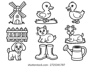 Farm animals and objects windmill duckling
