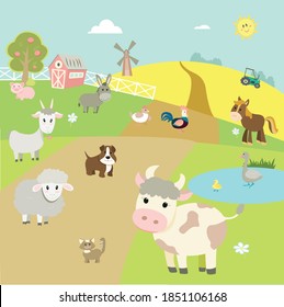 
farm animals on the background of the landscape - cow, horse, sheep, donkey, pig, goat, dog, cat, goose, rooster, chicken. Vector image of nature, tractor, barn, mill and fruit trees