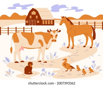 Animales de granja en el fondo del paisaje rural. Ilustración vectorial al estilo de las caricaturas planas.