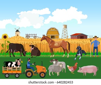 Farm animals on farm background. Vector illustration