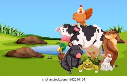 Farm animals on the farmyard illustration