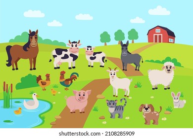 Farm. animals on the farm. horse, cow, pig, sheep, goat, donkey, dog, cat, duck, duckling, rabbit, chicken, rooster, chicken. The vector images are isolated from each other.