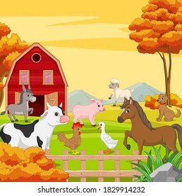 Farm animals on a farm landscape background.