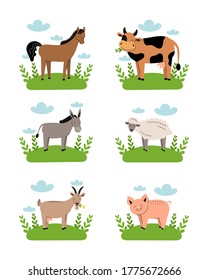 Farm animals on meadow on white background. Collection of cartoon cute baby animals on green grass.Cow, sheep, goat, horse, donkey, pig. Flat vector illustration isolated.