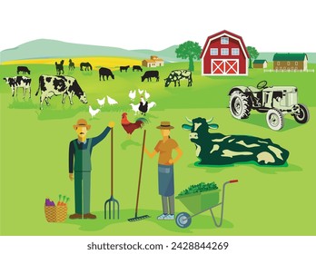 Farm animals on pasture with farmhouse and farmer, illustration