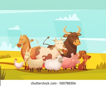 Farm animals on sunny day in countryside funny cartoon poster with cow pig goat and sheep vector illustration 