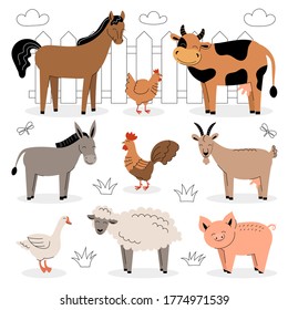 Farm animals on a white background. Collection of cartoon cute baby animals and birds. Cow, sheep, goat, horse, donkey, pig, chicken, rooster, goose. Flat vector illustration isolated.