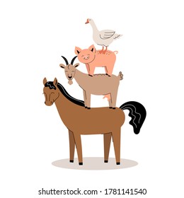 Farm animals on a white background. Collection of cartoon cute baby animals and birds. goat, horse, pig, goose. Flat vector illustration isolated.