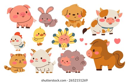 Farm. animals on the white background. horse, cow, pig, sheep, dog, cat, duck, rabbit, chicken and chicken. Cartoon cute character farm animals .