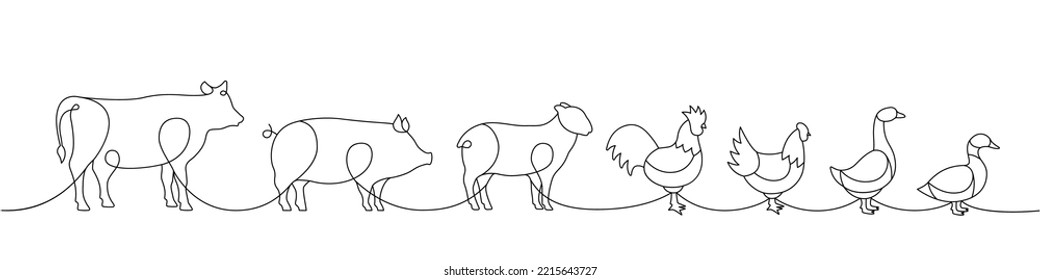 Farm animals one line continuous drawing. Cow, Pig, Sheep, Rooster, Chicken, Goose, Duck silhouettes. Farm animals one line illustration.