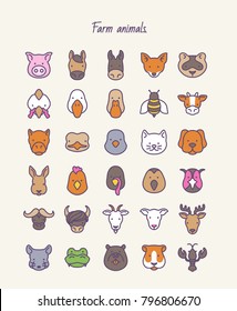 Farm animals. Outline vector set icons. 