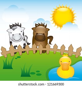 farm animals over landscape background. vector illustration