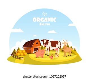 Farm animals at paddock with barn. Cow and pig, chicken and hen at village yard with fence. Rural livestock, countryside beasts or cattle. Food cultivation and organic farm, agriculture theme