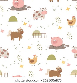 Farm animals. Pattern background design. Kids rural seamless vector pattern. Baby farm drawing with funny characters. Cow, pig, horse, chicken. Fabric design