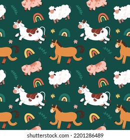 Farm animals pattern, farmhouse sheep, cute cow and horse illustrations, seamless pattern, good for wrapping paper, fabric print, children's illustrations