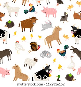 Farm animals pattern on white background, vector illustration