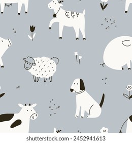 Farm animals pattern, print in Scandinavian doodle style. Black and white seamless background, countryside livestock, country nature texture with cow, goat, sheep and dog. Flat vector illustration