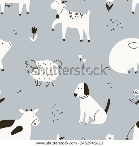 Farm animals pattern, print in Scandinavian doodle style. Black and white seamless background, countryside livestock, country nature texture with cow, goat, sheep and dog. Flat vector illustration