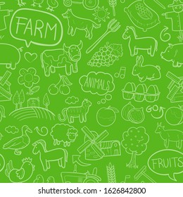 Farm Animals Pattern. Seamless Background Symbols. Traditional Doodle Drawn Sketch Hand Made Design Vector.