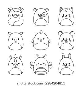 Farm animals and pets set. Coloring page. Squishmallow. Black and white cow, dog, pig, cat, chick, mouse, rabbit, bunny, bee, horse. Color me. Isolated vector illustration eps