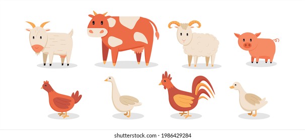 Farm animals.Set of pets,farm animals and birds.Farm cattle and poultry. Cow, chicken and ram. Vector. Isolated on white background.