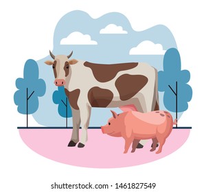 farm, animals  (pig and cow) icon cartoon on the grass with trees and clouds vector illustration graphic design