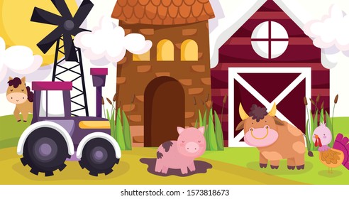 farm animals pig in mud horse bull turkey tractor barn house windmill vector illustration