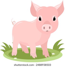 Farm Animals. A pink piglet stands on green grass on a white background. Baby flat vector illustration.