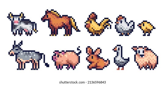 Farm animals pixel art icon set. Domestic countryside pets: horse, cow, chicken, rabbit, sheep, and pig logo collection. 8-bit sprite. Game development, mobile app.  Isolated vector illustration.