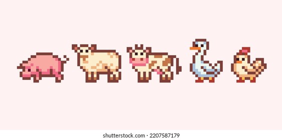 Farm animals pixel art icon set. Domestic countryside pets: cow, chicken, sheep, goose and pig logo collection. 8-bit sprite. Game development, mobile app. Isolated vector illustration.