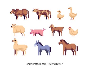 Farm Animals pixel art set. Sheep, cows and horse collection. Duck, chicken and goose. Llama and pig. 8 bit sprite. Game development, mobile app.  Isolated vector illustration.