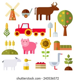 Farm animals, plants, fresh products, buildings and equipments. Colorful modern vector flat icons set. Isolated objects. Collection for web and mobile apps. Vector file is EPS8.